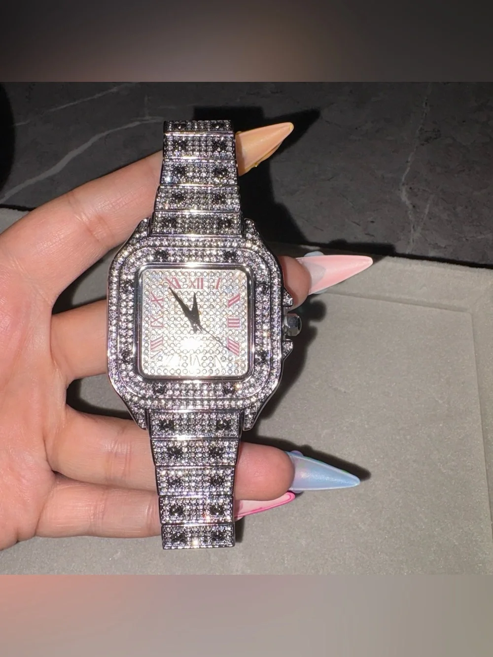 Inspired Moissanite Square Dial Watch - Red Roman Numeral Accents